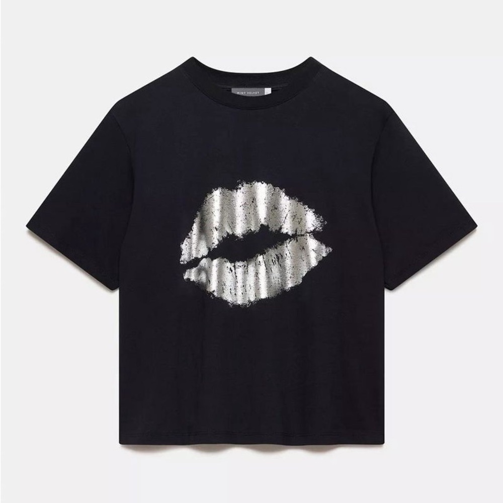 MINT VELVET Metallic Lips T-Shirt Black T-Shirt with Silver Lip Print Size XS